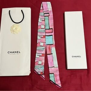 CHANEL skinny scarf / hair/purse tie w/ box & bag  - geometric, from Paris store